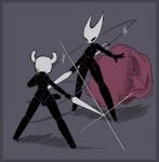 anthro arthropod breasts butt clothing discarded_clothing duo featureless_breasts female genitals hi_res hollow_knight hornet_(hollow_knight) male nekuzx nude penis pussy simple_background team_cherry the_knight_(hollow_knight) weapon