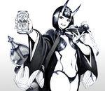  :d alcohol asahi_breweries beer beer_can breasts can cape cup drink fate/grand_order fate_(series) food fruit gourd grapes greyscale highres horns japanese_clothes monochrome navel nobita oni oni_horns open_clothes open_mouth sakazuki shuten_douji_(fate/grand_order) sketch small_breasts smile solo traditional_media 