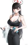  1girl bare_shoulders black_hair black_pants black_sports_bra blue_archive blush breasts cleavage collarbone hair_ornament hairclip halo highres large_breasts long_hair looking_at_viewer pants red_eyes rio_(blue_archive) ryudraw solo sports_bra thighs tight_clothes tight_pants towel yoga_pants 
