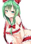  amamitsu_kousuke between_legs blush bow breasts cleavage closed_mouth eyebrows eyebrows_visible_through_hair frilled_ribbon frills front_ponytail green_eyes green_hair groin hair_bow hand_between_legs kagiyama_hina large_breasts leaning_forward long_hair looking_at_viewer naked_ribbon red_bow red_ribbon ribbon shiny shiny_skin simple_background sitting smile solo thigh_strap touhou white_background 