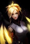  absurdres armor blonde_hair gorget green_eyes highres lips looking_at_viewer mechanical_wings mercy_(overwatch) overwatch parted_lips ponytail rain_yoo solo sparkle wings yellow_wings 