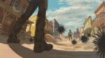  1girl 2boys boots brown_headwear building cityscape cloud cloudy_sky cowboy cowboy_boots cowboy_hat cowboy_western desert duel from_below hat holster multiple_boys others_(gogo-o) outdoors sand scenery sea_urchin sky wide_shot 