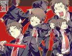  1boy adachi_tooru belt black_jacket black_pants brown_belt brown_eyes brown_hair closed_mouth dated grimace hand_on_own_head holding_glowstick jacket kicking kuga_hotaru long_sleeves looking_to_the_side male_focus messy_hair multiple_views necktie open_mouth pants persona persona_4 red_necktie shirt short_hair sweatdrop teeth tripping white_shirt 