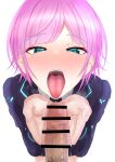  1boy 1girl bar_censor blazer blue_eyes blush censored cupping_hands highres hukahire113 jacket long_sleeves looking_at_penis male_pubic_hair nijisanji nose_blush open_mouth oral_invitation own_hands_together parted_bangs penis pink_hair pubic_hair saliva school_uniform shirt short_hair solo_focus tongue tongue_out virtual_youtuber white_background white_shirt yuuhi_riri yuuhi_riri_(1st_costume) 