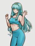  abs bare_shoulders blue_hair blue_sports_bra breasts circlet cleavage collarbone commission commissioner_upload fire_emblem fire_emblem:_the_blazing_blade headband highres long_hair medium_breasts ninian_(fire_emblem) one_eye_closed pants red_eyes rotomdocs smile sports_bra sportswear stomach yoga_pants 