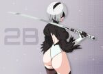  1girl 2b_(nier:automata) ass back_cutout black_blindfold black_hairband blindfold character_name closed_mouth clothing_cutout gloves grey_background hairband highleg highleg_leotard highres holding holding_sword holding_weapon juliet_sleeves leotard long_sleeves nier:automata nier_(series) pixel_art puffy_sleeves seiko093 short_hair solo sword thighhighs weapon white_hair white_leotard 