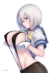  black_legwear blue_eyes breast_hold breasts gloves hair_ornament hair_over_one_eye hairclip hamakaze_(kantai_collection) kantai_collection large_breasts pantyhose pantyhose_over_swimsuit school_uniform serafuku short_hair short_sleeves silver_hair slingshot_swimsuit solo swimsuit ulrich_(tagaragakuin) white_gloves 
