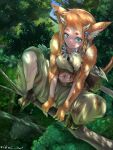  1girl aqua_eyes artist_request body_fur closed_mouth day ear_piercing earrings fantasy forest furry furry_female highres horns jewelry landscape muscular nature orange_fur original outdoors piercing scenery scratches short_hair sitting smile solo tree 