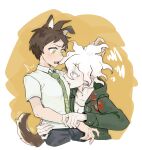  2boys absurdres ahoge animal_ears black_pants brown_background brown_hair collarbone collared_shirt danganronpa_(series) danganronpa_2:_goodbye_despair dog_boy dog_ears dog_tail green_jacket green_necktie highres hinata_hajime hood hood_down hooded_jacket jacket komaeda_nagito looking_at_another messy_hair multiple_boys necktie okamotoo pants profile scar_on_head shirt short_sleeves tail white_background white_hair 