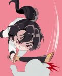  1boy attack black_hair chibi chungmyung commentary_request highres korean_commentary long_hair long_sleeves male_focus pink_background pink_eyes ponytail return_of_the_mount_hua_sect simple_background smile squeak_wlr1 sword weapon 