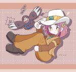  1girl arched_bangs badge bright_pupils brown_background brown_eyes brown_footwear claws clay_(pokemon) clay_(pokemon)_(cosplay) closed_eyes closed_mouth commentary_request cosplay cowboy_hat drilbur full_body grid_background hat highres itoi_box lacey_(pokemon) open_mouth pink_hair pokemon pokemon_sv shoes smile teeth white_headwear white_pupils 
