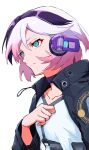  1girl absurdres black_jacket blue_eyes choker ci_flower closed_mouth from_side gradient_hair grey_hair grey_jacket hair_between_eyes hand_up headphones highres jacket light_frown long_sleeves looking_ahead mujikuro multicolored_hair open_clothes open_jacket pink_hair purple_choker purple_hair short_hair solo stippling_(texture) streaked_hair techwear upper_body vocaloid white_background 