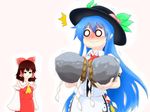  2girls ascot bad_id bad_pixiv_id blue_hair blush bow breast_padding brown_hair commentary detached_sleeves don9899 dress embarrassed food fruit hair_bow hair_tubes hakurei_reimu half-closed_eyes hat hinanawi_tenshi jitome keystone long_hair multiple_girls nervous_smile o_o peach skirt smirk surprised sweat sweating_profusely touhou very_long_hair vest wavy_mouth 