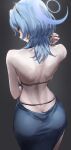  1girl absurdres ako_(blue_archive) ako_(dress)_(blue_archive) back backboob backless_dress backless_outfit bare_shoulders blue_archive blue_dress blue_eyes blue_hair breasts closed_mouth dress earrings from_behind hairband halo hand_up highres jewelry large_breasts looking_back medium_hair monegi shoulder_blades solo 