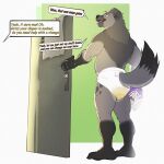 absurd_res anthro bodily_fluids clothed clothing confidence confident dialogue diaper diaper_change_request diaper_fetish diaper_fur diaper_only diaper_use diapered_dominant english_text football_helmet football_player fur genital_fluids grey_body grey_fur grizz_(diapered_dad) hi_res hyena incontinence locker locker_room male mammal muscular muscular_anthro muscular_male presenting_diaper raised_tail simple_background slightly_chubby smile smug smug_face solo spots standing tail text topless towel underwear urine wearing_diaper wet_diaper wetting wetting_diaper white_diaper yeenyeenmike