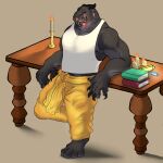 anthro bearinvernal black_body book candle cigar claws clothed clothing crystal feet furniture hi_res looking_at_viewer male monster muscular muscular_male piercing reptile scalie solo table