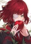  1girl apple black_jacket commentary food fruit gauze_on_cheek green_eyes holding holding_food holding_fruit jacket kanmei limbus_company long_sleeves looking_at_viewer plant portrait project_moon red_hair short_hair solo symbol-only_commentary vines yuri_(project_moon) 