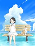  1girl azchipi bare_arms bare_legs bench black_eyes black_hair blue_background blue_sky cat cloud contrail cumulonimbus_cloud day dress eating food hair_ornament hairclip highres holding holding_food holding_popsicle looking_to_the_side original outdoors partially_submerged popsicle short_hair sitting sky solo white_dress yawning 