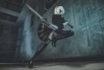  1girl 2b_(nier:automata) absurdres black_blindfold black_dress black_footwear black_hairband blindfold boots cosplay_photo dress dual_wielding gloves hairband high_heel_boots high_heels highres holding holding_sword holding_weapon juliet_sleeves leotard long_sleeves nier:automata nier_(series) photo_(medium) puffy_sleeves puutin_cos running short_hair side_slit solo sword thigh_boots weapon white_hair white_leotard 