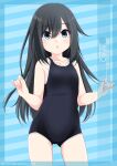  1girl asashio_(kancolle) black_hair blue_background blue_eyes blue_one-piece_swimsuit blush breasts character_name commentary_request covered_navel highres inaba_shiki kantai_collection long_hair looking_at_viewer new_school_swimsuit one-piece_swimsuit school_swimsuit small_breasts smile solo swimsuit 