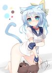  animal_ears barefoot blue_eyes blue_hair blue_sailor_collar blush bottomless bow cat_ears cat_tail collar ear_piercing hair_bow highres kneeling leaning_forward looking_at_viewer navel original piercing sailor_collar solo stuffed_toy tail tsumiki_akeno unbuttoned unbuttoned_shirt wrist_cuffs 