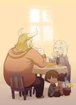  ambiguous_gender asgore_dreemurr blonde_hair blush boss_monster brown_hair eating eyewear family female flower food fork glasses hair horn human male mammal pie plant protagonist_(undertale) ricosye table toriel undertale video_games young 