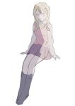  1girl akamatsu_kaede blonde_hair collared_shirt danganronpa_(series) danganronpa_v3:_killing_harmony fuwa_ko hair_between_eyes hair_ornament hairclip highres invisible_chair kneehighs long_hair long_sleeves miniskirt necktie orange_necktie pink_sweater_vest shirt simple_background sitting skirt socks solo sweater_vest white_background 