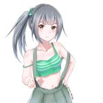  artist_name bangs bare_shoulders breasts brown_eyes closed_mouth collarbone disco_brando eyebrows frown grey_hair hair_ribbon hand_on_hip highres kantai_collection kasumi_(kantai_collection) long_hair looking_at_viewer midriff navel pleated_skirt ribbon side_ponytail simple_background skirt small_breasts solo strap_slip suspender_skirt suspenders suspenders_pull suspenders_slip upper_body white_background 