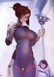  ass_visible_through_thighs beads biting blurry blush bodysuit breast_envy breasts brown_eyes brown_hair cosplay costume_switch d.va_(overwatch) d.va_(overwatch)_(cosplay) depth_of_field facial_mark glasses gloves hair_bun hair_ornament hair_stick highres instant_ip large_breasts lip_biting md5_mismatch mei_(overwatch) mei_(overwatch)_(cosplay) multiple_girls navel overwatch robot see-through snowball_(overwatch) standing taut_clothes thigh_gap whisker_markings white_gloves 