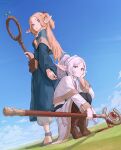 2girls absurdres blonde_hair blue_capelet blue_dress boots capelet cho_gum crossover dress dungeon_meshi elf forehead frieren grey_hair half_updo highres holding holding_staff knee_boots looking_at_another looking_at_viewer marcille_donato multiple_girls outdoors parted_bangs pointy_ears sideways_glance sousou_no_frieren squatting staff standing tiptoes trait_connection twintails white_capelet white_dress 