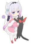  1girl animal black_bow black_cat blue_eyes blush bow capelet cat commentary_request crossover dragon_girl dragon_horns dress gradient_hair hair_bow hair_ornament hairband highres holding holding_animal holding_cat horns jitome kanna_kamui kobayashi-san_chi_no_maidragon long_hair long_sleeves multicolored_hair nichijou pink_dress purple_hair red_footwear sakamoto_(nichijou) samansa_ex shoes solo standing tail thighhighs twintails two-tone_hair white_background white_hair 