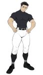  1boy absurdres bara baseball_uniform black_hair blue_hair bulge covered_abs covered_navel facial_hair full_body hands_on_own_hips highres large_pectorals male_focus medium_sideburns muscular muscular_male original pants pectorals short_hair sideburns_stubble solo sportswear standing stubble thick_eyebrows thick_thighs thighs tight_clothes tight_pants v-taper yottsuu_(wgnd2sywpqzrgjz) 