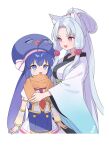  2girls :d ahoge animal_ear_fluff animal_ears arm_warmers arms_at_sides blue_eyes blue_hair blue_headwear breasts eel_hat fang folded_ponytail fox_ears gradient_clothes grey_hair hat height_difference highres japanese_clothes kimono large_breasts long_hair long_sleeves looking_ahead looking_at_another looking_down low-tied_sidelocks miniskirt multiple_girls necktie orange_scarf otomachi_una parted_bangs pleated_skirt red_eyes red_necktie scarf shirt sidelocks simple_background skirt smile suiso_sn3 touhoku_itako twintails very_long_hair vocaloid voiceroid white_background white_kimono white_shirt white_skirt wide_sleeves 