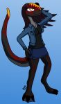 absurd_res anthro anthrosaur blue_background clothed clothing dinosaur female hi_res monolophosaurus pose reptile scalie signature simple_background solo standing theropod unknown_artist