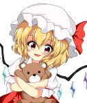  1girl blonde_hair blush commentary_request fang flandre_scarlet frilled_sleeves frills hair_between_eyes hat highres holding holding_stuffed_toy koppa_(mgim4428000) looking_at_viewer medium_hair mob_cap multicolored_wings open_mouth puffy_short_sleeves puffy_sleeves red_eyes short_sleeves simple_background skin_fang smile stuffed_animal stuffed_toy teddy_bear touhou upper_body white_background white_headwear wings 