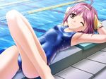  antenna_hair armpits arms_behind_head flat_chest game_cg hair_ribbon hairband highres hiiro_yuki isozaki_mayumi kickboard lane_line lying on_back one-piece_swimsuit one_eye_closed pink_hair pool poolside ribbon ripples school_swimsuit shiny shiny_clothes smile solo swimsuit water wet yellow_eyes yuuguu_settai 