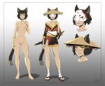  1girl animal_ears bare_shoulders barefoot black_panties breasts cat_ears cat_girl cat_tail collarbone commentary d-rex english_commentary eye_mask fang full_body gradient_background grey_background hand_up hat holding holding_sword holding_weapon japanese_clothes kimono navel nipples orange_eyes original panties pussy sandals short_kimono small_breasts smile socks standing straw_hat sword tail underwear weapon white_socks 