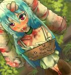  1girl @_@ ahoge animal_ears askeladdred bandaged_ear bandages barefoot black_choker blood blood_on_ears blood_on_face blue_hair box choker clenched_teeth dirty dress dutch_angle hair_between_eyes highres holding holding_sign in_box in_container indie_virtual_youtuber light_blue_hair long_hair lop_rabbit_ears para_(vtuber) rabbit_ears rabbit_girl red_eyes sign spaghetti_strap standing sundress teeth thick_eyebrows very_long_hair virtual_youtuber white_dress 
