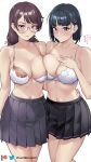  2girls asymmetrical_docking bare_arms bare_shoulders black_hair black_skirt blue_eyes bra breast_press breasts brown_hair commentary commission cowboy_shot damobelmont glasses hanekawa_tsubasa highres kirigaya_suguha large_breasts long_hair miniskirt monogatari_(series) multiple_girls navel pleated_skirt purple_eyes short_hair simple_background skirt standing stomach sword_art_online thighs underwear white_background white_bra 