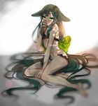  absurdly_long_hair black_bra black_panties bra breasts full_body gatchaman_crowds green_eyes green_hair green_ribbon groin hair_ribbon heechen long_hair looking_at_viewer low-tied_long_hair navel panties ribbon sitting small_breasts solo underwear utsutsu very_long_hair 