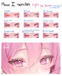  1girl alice_vu artist_name azur_lane blush english_commentary english_text hair_between_eyes heart heart-shaped_pupils highres how_to looking_at_viewer making-of perseus_(azur_lane) pink_eyes pink_hair signature simple_background solo symbol-shaped_pupils 