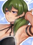  1girl adjusting_hair armpits black_choker blonde_hair blue_eyes breasts choker collarbone green_hair hand_up highres large_breasts outline ponytail smile solo sorapoi sousou_no_frieren sweat teeth ubel_(sousou_no_frieren) white_outline 