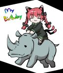  1girl :3 animal_ears black_dress black_headwear cat_ears cat_girl cat_tail chups closed_eyes closed_mouth commentary_request dress english_text extra_ears full_body highres kaenbyou_rin multiple_tails nekomata red_hair rhinoceros riding tail touhou two_tails white_background 