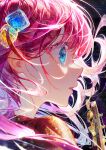  1girl blue_eyes bocchi_the_rock! cube_hair_ornament diyokama from_side gotoh_hitori guitar hair_ornament highres instrument long_hair one_side_up open_mouth pink_hair portrait profile solo sweat upper_body 