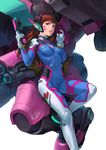  brown_hair d.va_(overwatch) facial_mark gun handgun headphones looking_at_viewer mecha meka_(overwatch) overwatch patipat_asavasena pilot_suit solo weapon whisker_markings 