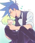  2boys androgynous artist_name blue_hair blush bow bowtie carrying closed_eyes commentary_request galo_thymos gradient_background green_background green_hair hand_on_another&#039;s_cheek hand_on_another&#039;s_face hand_on_another&#039;s_head heart highres holding kome_1022 lio_fotia male_focus mohawk multiple_boys open_mouth promare simple_background sleeves_pushed_up smile spiked_hair suit white_background 