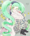  1girl adjusting_eyewear bespectacled black_footwear boots braid braided_bangs cardigan commentary_request falala_a_larm full_body glasses green_background green_hair hands_up head_chain head_scarf headphones highres idol_time_pripara knees_up long_hair looking_at_viewer open_mouth outline pretty_series pripara sa_ioio sidelocks sitting skirt solo twintails very_long_hair white_cardigan white_outline yellow_eyes yellow_skirt 