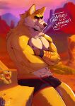 absurd_res anthro bulge canid canine clothed clothing cooper_krager crossed_arms detailed_background dialogue english_text facial_scar fur gonnidae hi_res looking_at_viewer male mammal muscular muscular_male nipples outside scar solo text topless topless_male underwear yellow_body yellow_fur