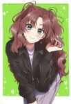  1girl black_jacket blush brown_hair earrings green_background green_eyes hand_in_own_hair highres jacket jewelry kininatteru_hito_ga_otoko_ja_nakatta leaning_forward long_hair looking_at_viewer necklace oosawa_aya saki_(pixiv68210903) smile solo star_(symbol) v-shaped_eyebrows wavy_hair 