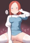  1girl apex_legends ashleigh_reid blue_dress blue_eyes blush clothed_sex commentary_request dress elbow_gloves gloves grin highres nagoooon_114 red_hair sex smile thighhighs translation_request vaginal white_gloves white_thighhighs 